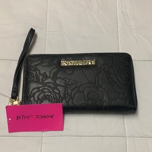 Betsey Johnson Black Floral Embossed Wallet with Gold Accents